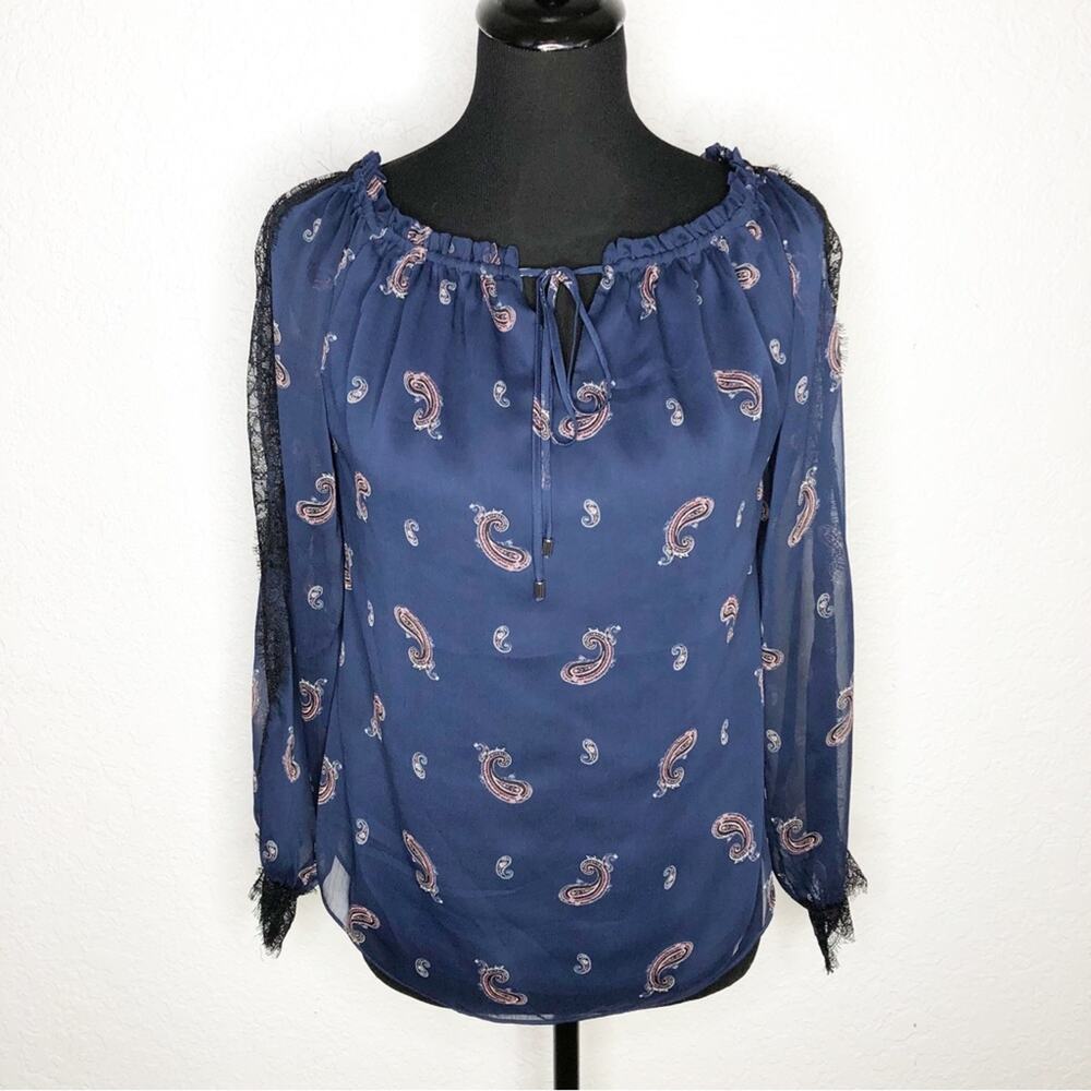 WHBM navy blue pink paisley sheer overlay lace trim top size XXS